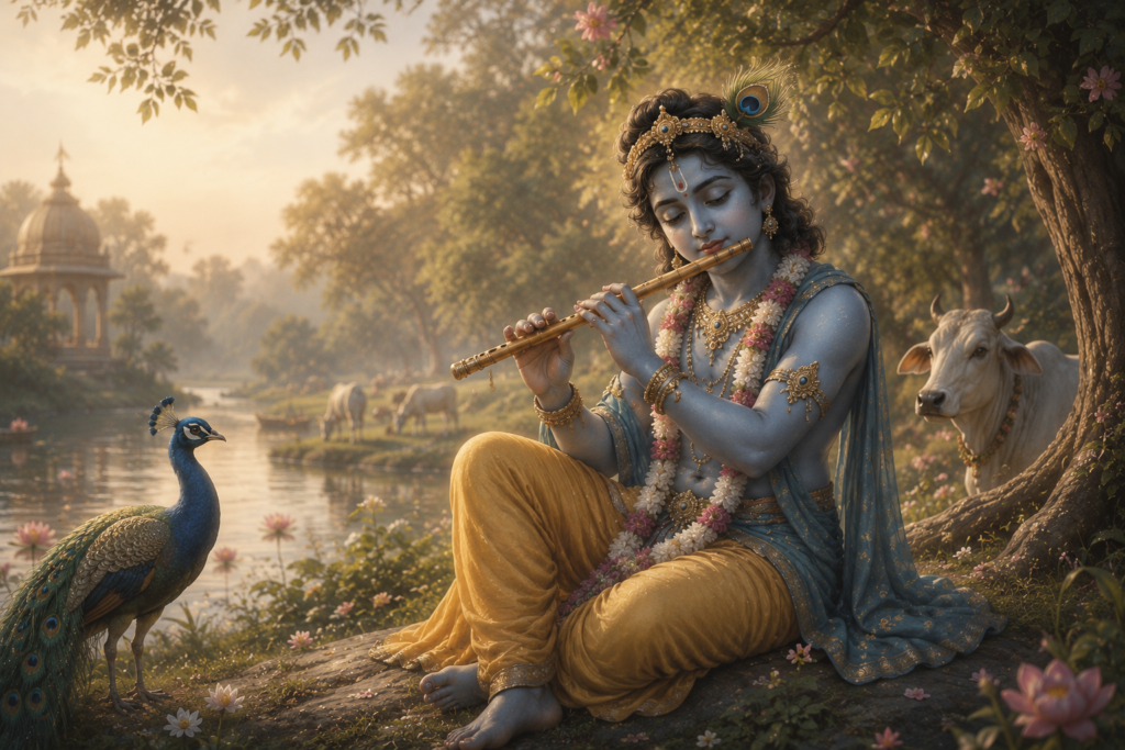 lord krishna playing flute in vrindavan