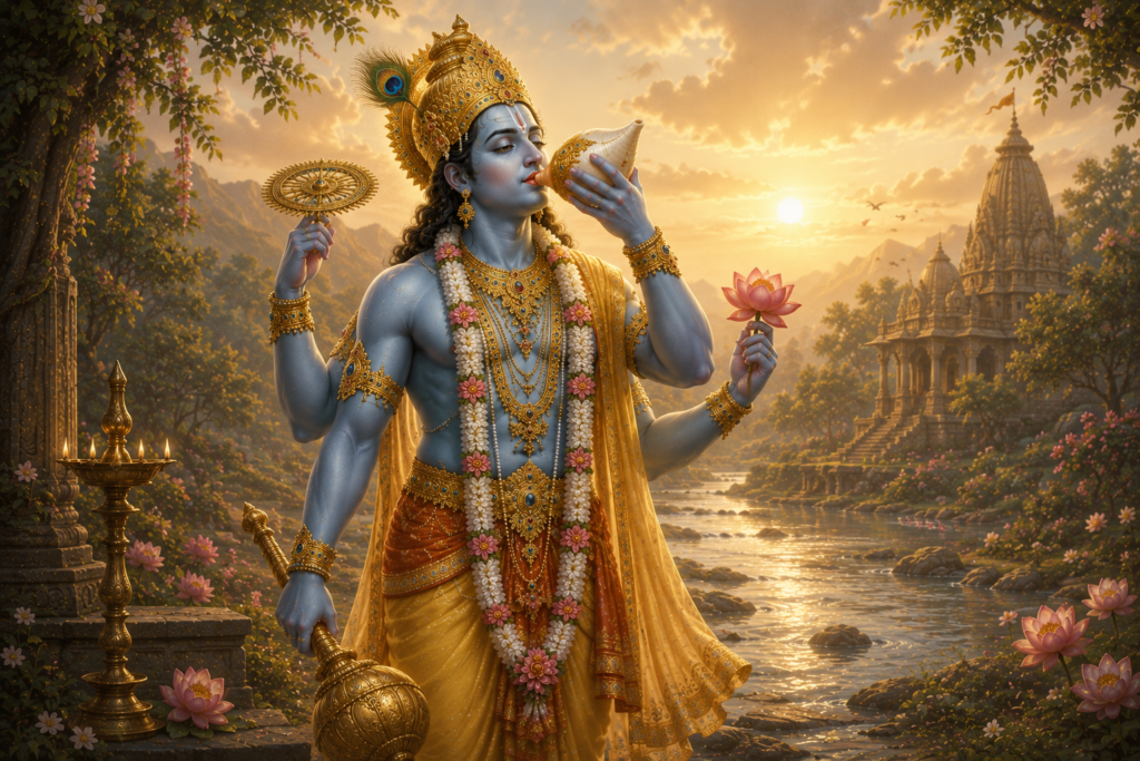 lord vishnu playing conch